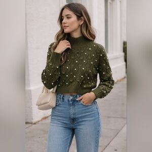 Olive Pearl-Embellished Open-Back Knit Sweater